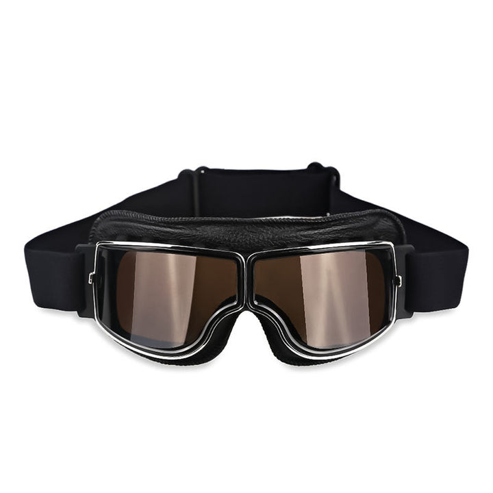Vintage style motorcycle goggles featuring brown lenses and secure elastic band