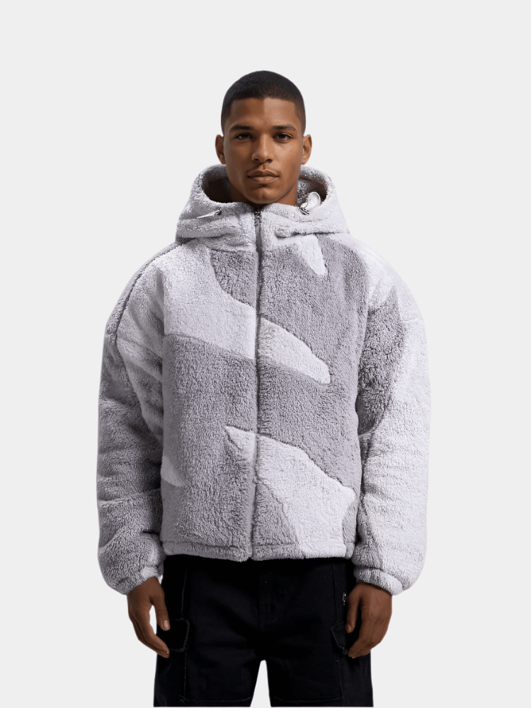Back view of mens zip up hooded sweatshirt showing relaxed fit outerwear