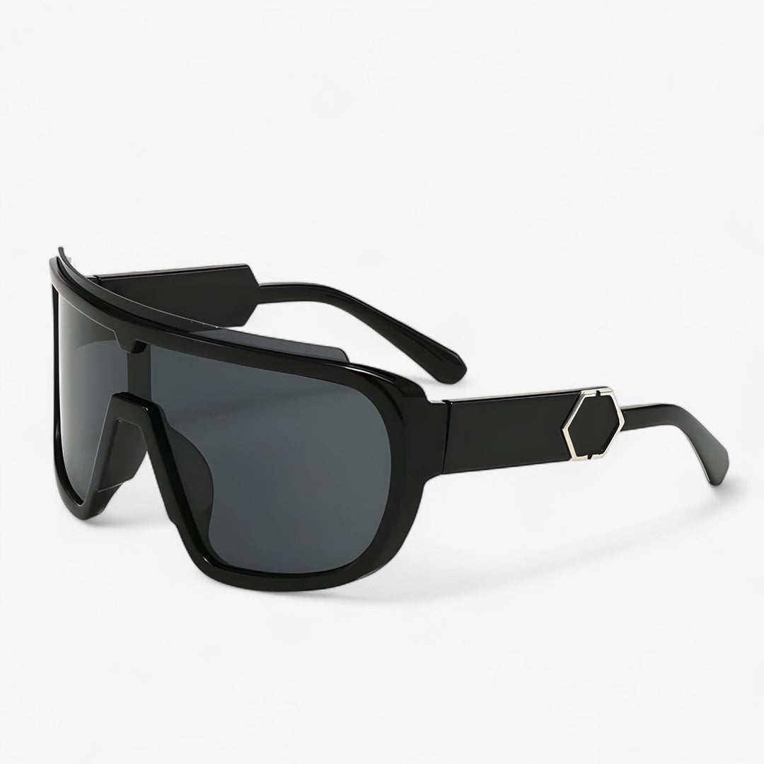 Black oversized monoblock wraparound sunglasses with dark lenses