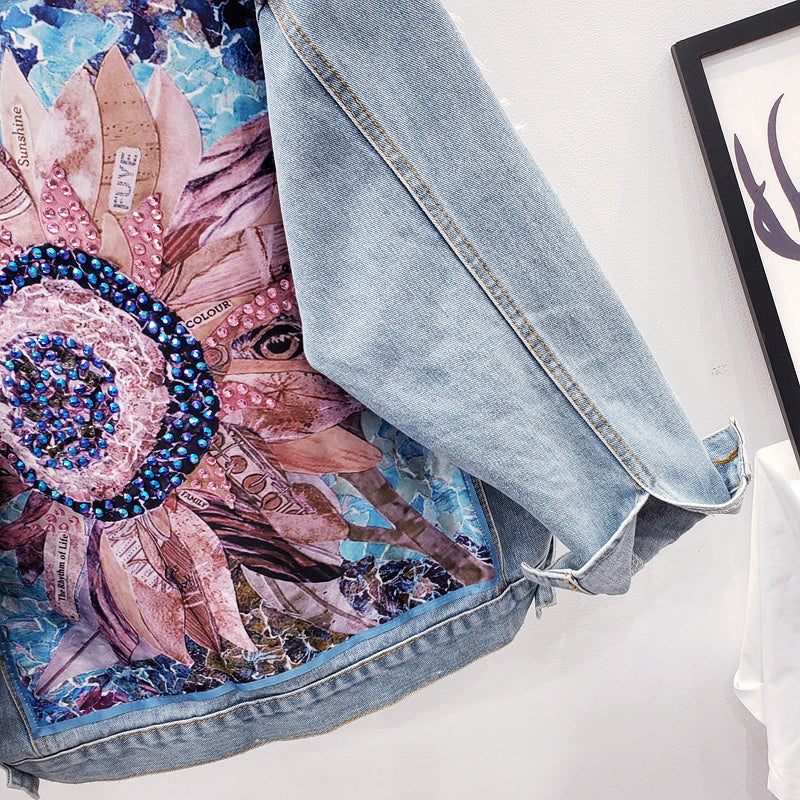 Back view of a statement denim jacket for women, oversized fit