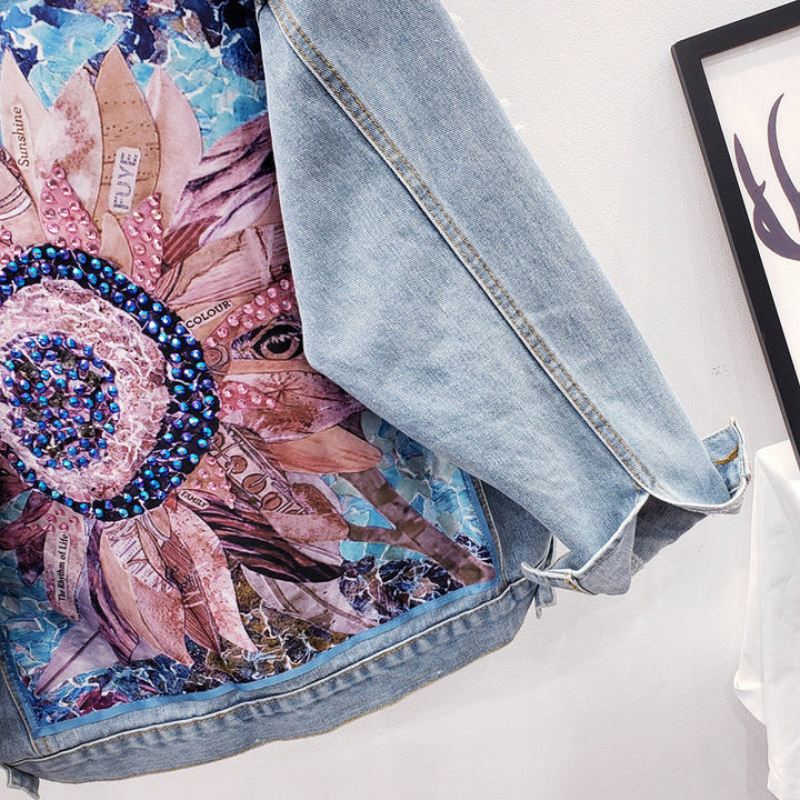 Back view of a statement denim jacket for women, oversized fit