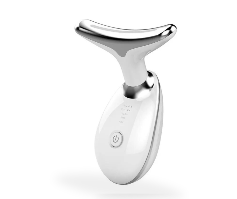 Front view of the anti-aging facial tool showing power button and mode indicators