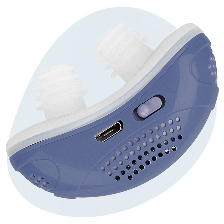 Blue anti snoring micro CPAP device showing USB port and power switch