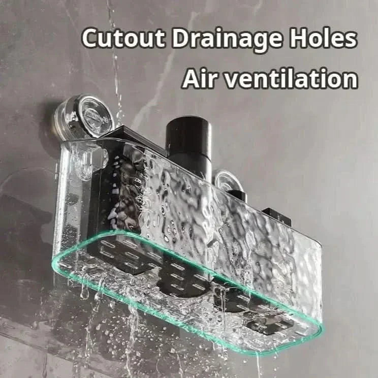 Universal no-drill suction wall shelf holding bathroom organiser bottles securely