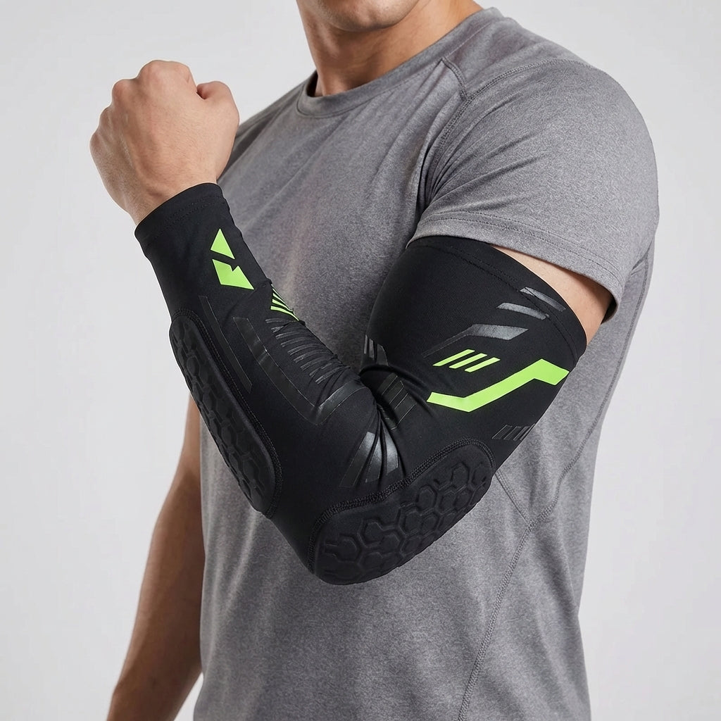 Close-up of a man wearing a black padded compression elbow sleeve with green accents on his arm