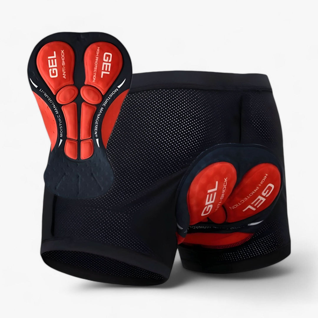 Men's padded motorcycle riding shorts in black with red gel cushion detail