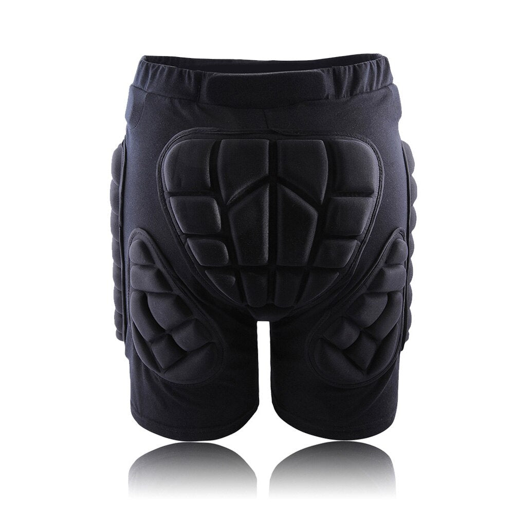 Black padded snowboard shorts front view showcasing segmented hip and tailbone protection
