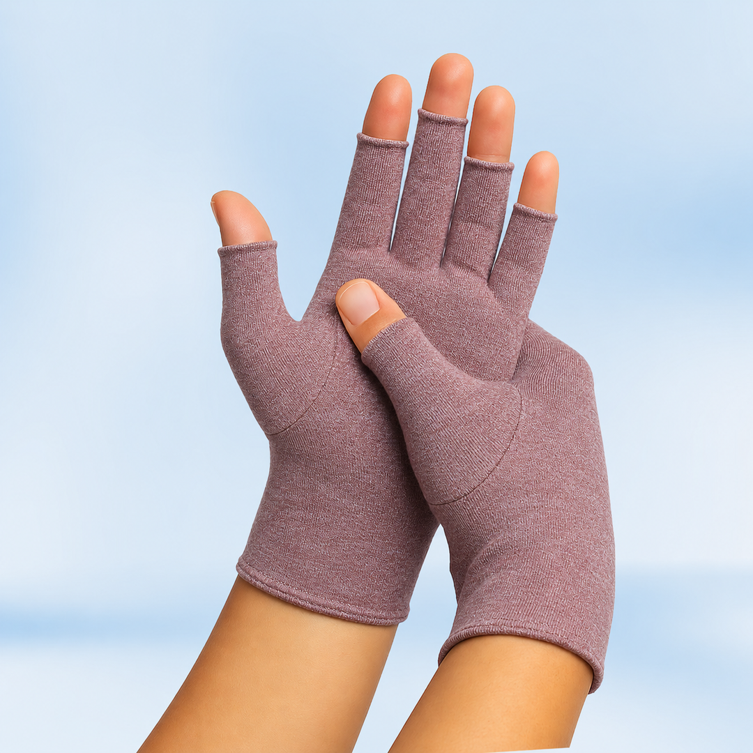 Pair of therapeutic gloves laid flat showcasing ergonomic design