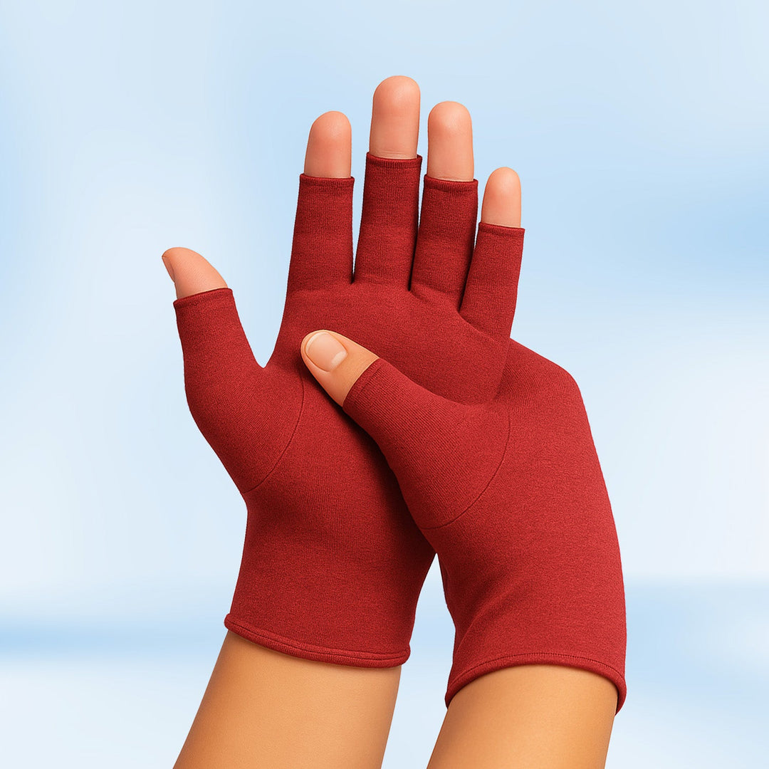 Durable stitching detail on black arthritis compression gloves