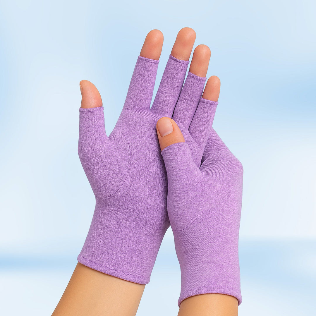 Hand wearing therapeutic compression gloves for typing support