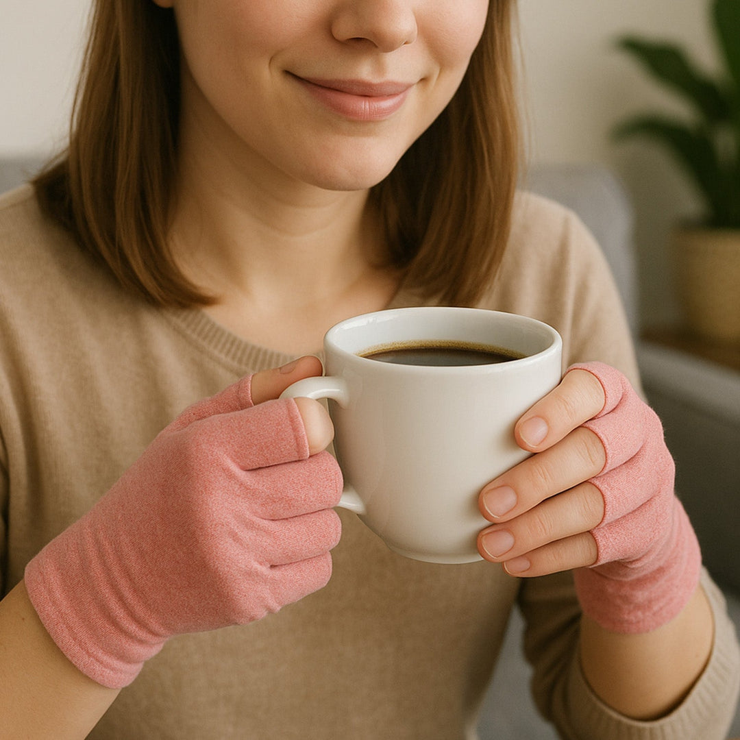 Young woman holding a white coffee mug while wearing pink therapeutic compression gloves
