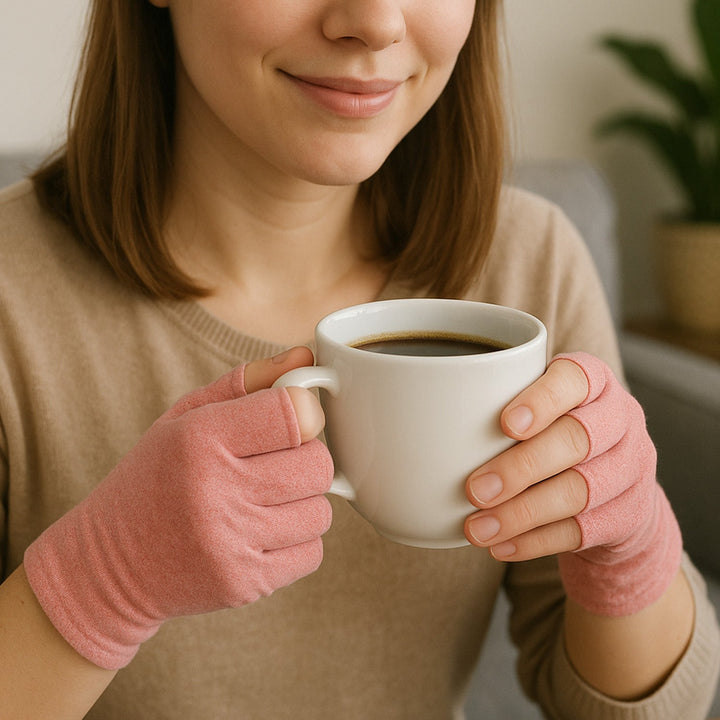 Young woman holding a white coffee mug while wearing pink therapeutic compression gloves