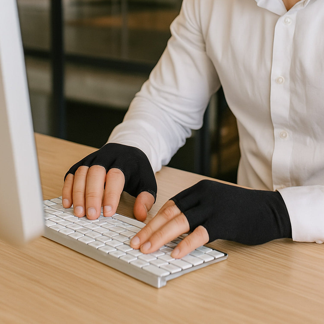 Side view of arthritis gloves demonstrating flexible hand movement