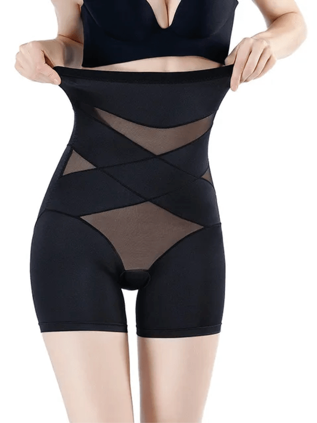 Black high-waist shaping shorts showing targeted tummy control panels