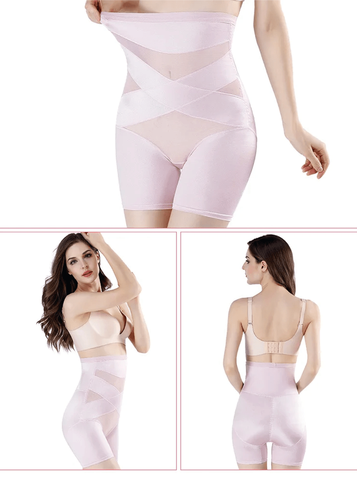 Pink women's body shaper shorts featuring high waist design for shaping