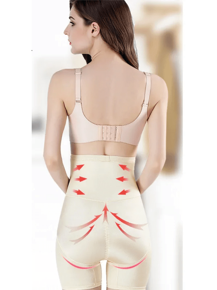 Back view of beige shaping shorts highlighting rear lifting design