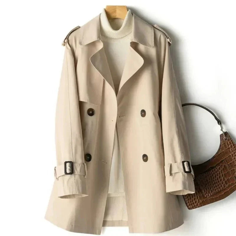 Khaki women's double-breasted trench coat with belt
