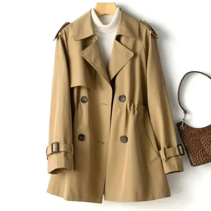 Close-up of women transitional trench coat lapel, buttons, and fabric texture