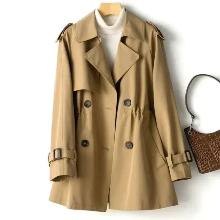 Close-up of women transitional trench coat lapel, buttons, and fabric texture