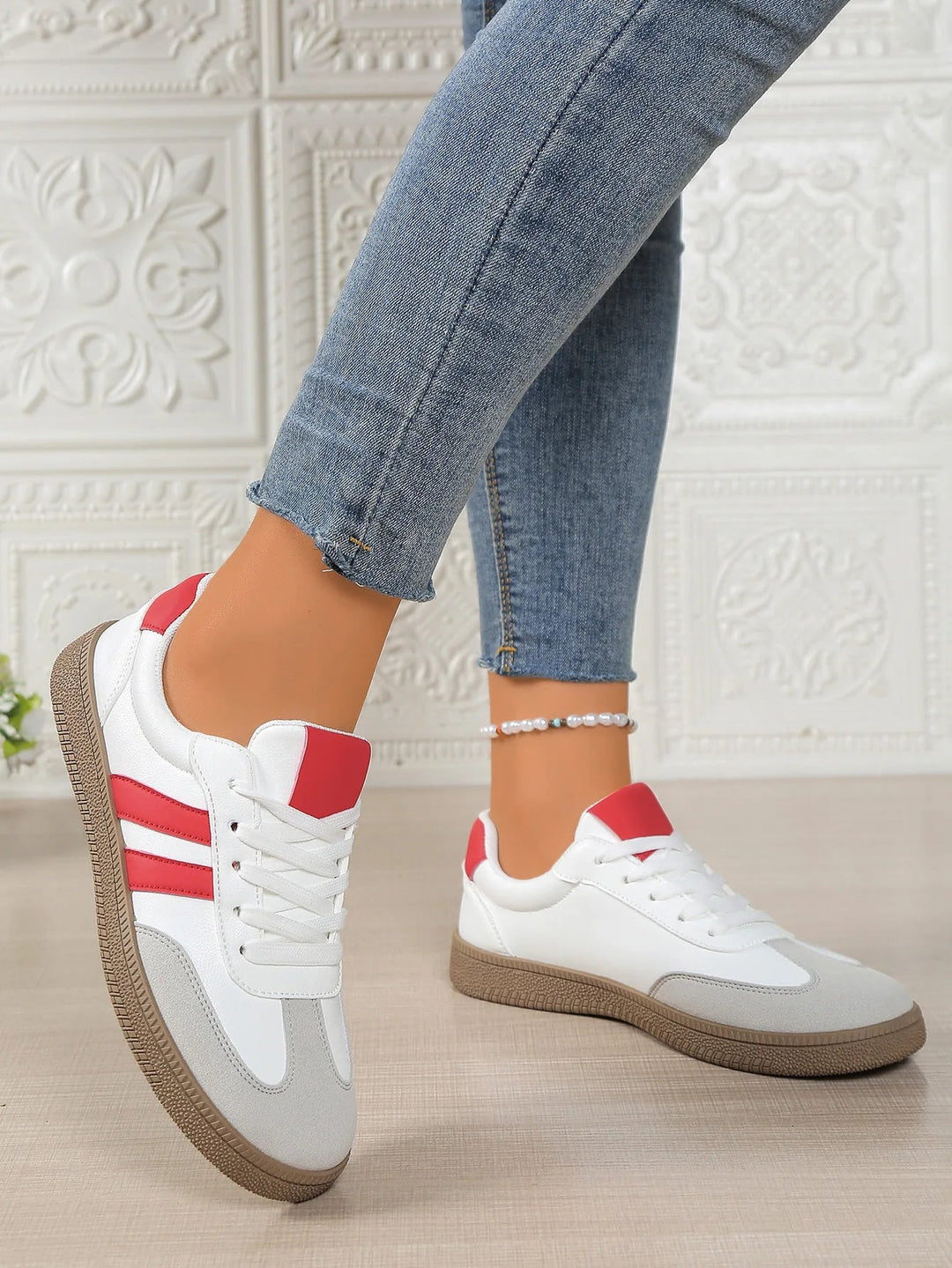 Close-up of stitching detail on women orthopedic walking footwear
