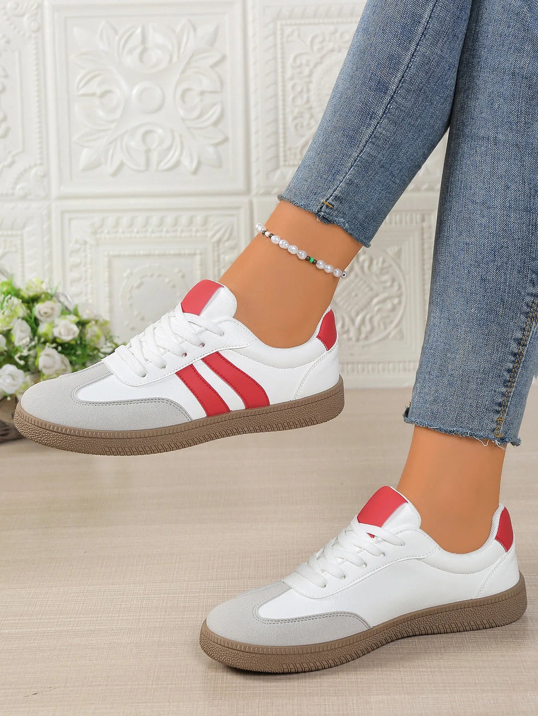 Side profile of women orthopedic casual lace-up sneakers with arch support