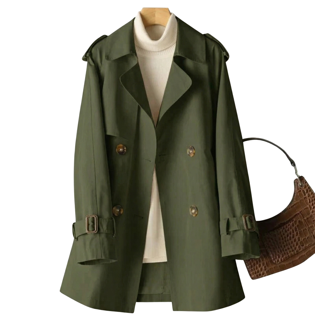 Green women's double-breasted trench coat with epaulettes