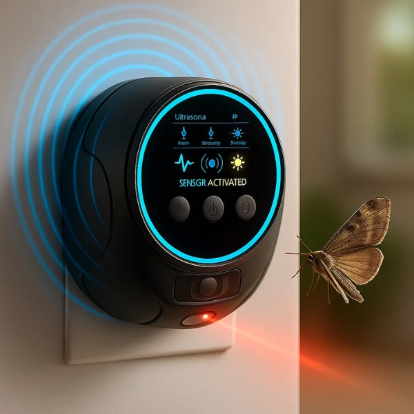 Black electronic pantry moth repellent plugged into a wall outlet
