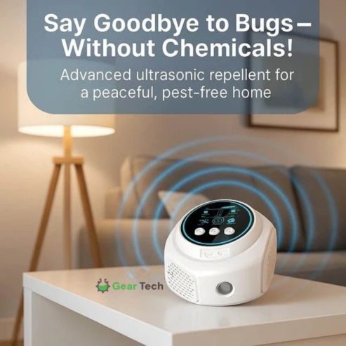 White electronic pest repellent device resting on a living room table
