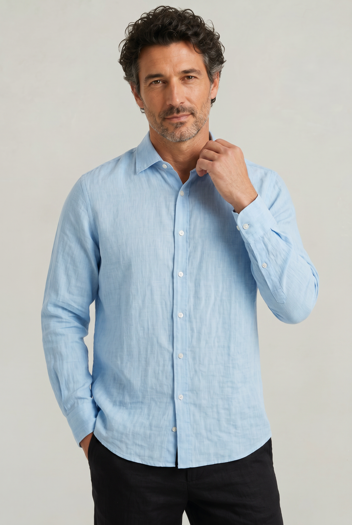 Front view of a man wearing a light blue long sleeve textured shirt with button-down front