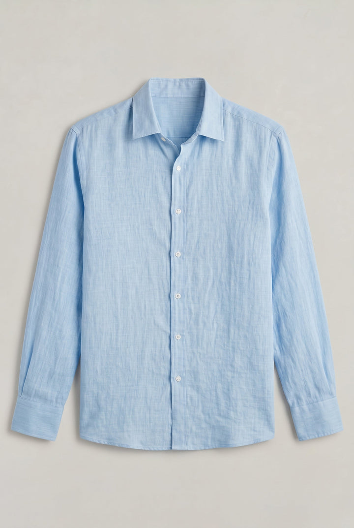 Close up of textured fabric on men's long sleeve button up shirt