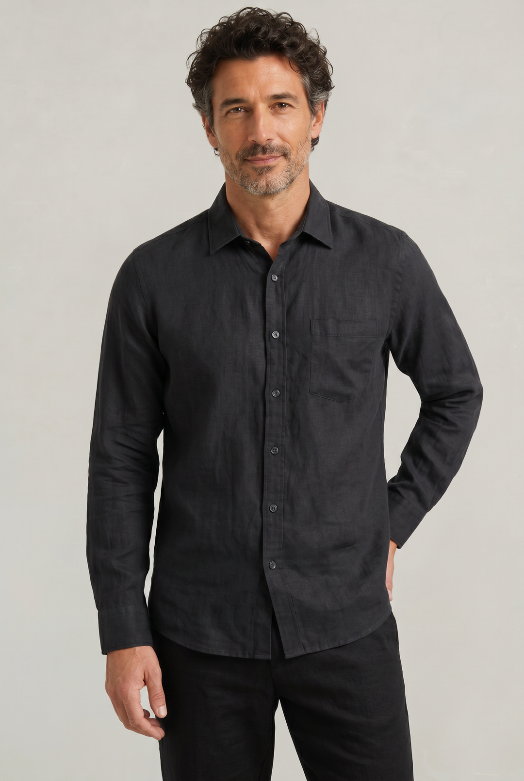 Back view of men's long sleeve textured button down shirt