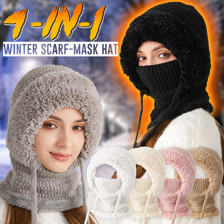 Close-up front view of the warm winter beanie and integrated neck warmer scarf