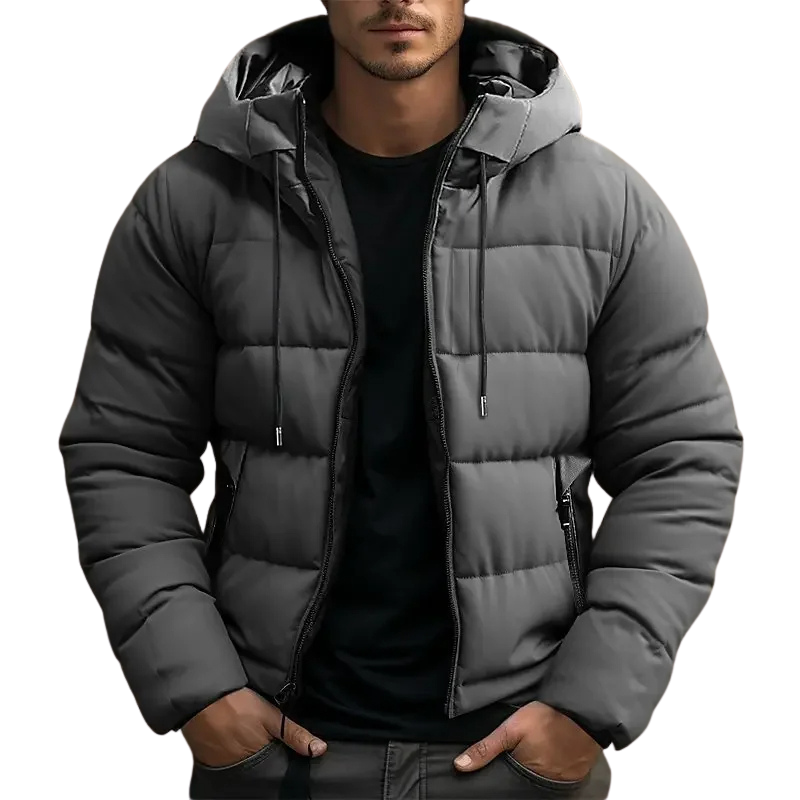 Man wearing a Gray hooded quilted puffer jacket
