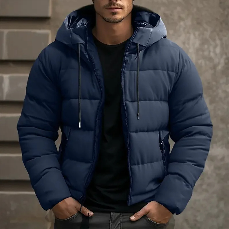 Mens gray winter jacket with hood, quilted puffer design
