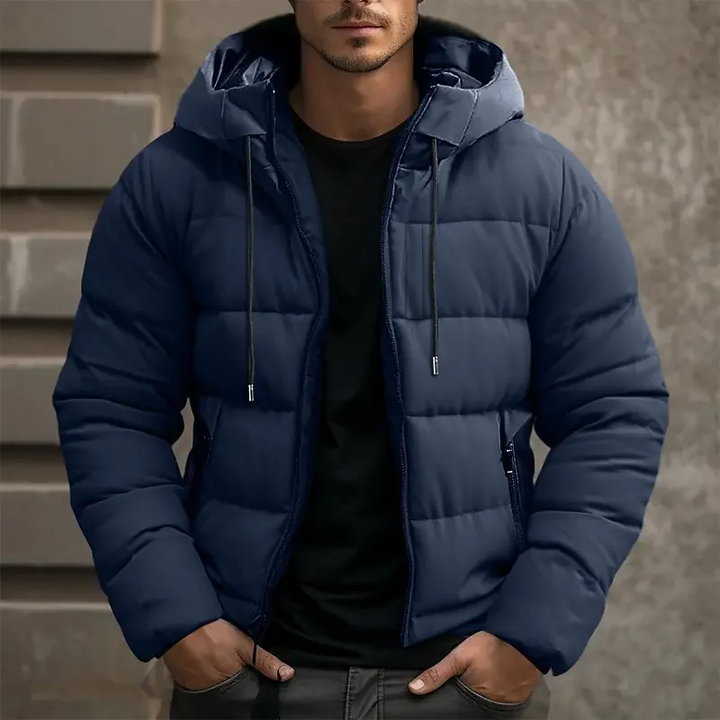 Mens gray winter jacket with hood, quilted puffer design