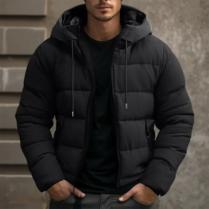 Close-up of the quilted fabric and zipper on a mens puffer coat