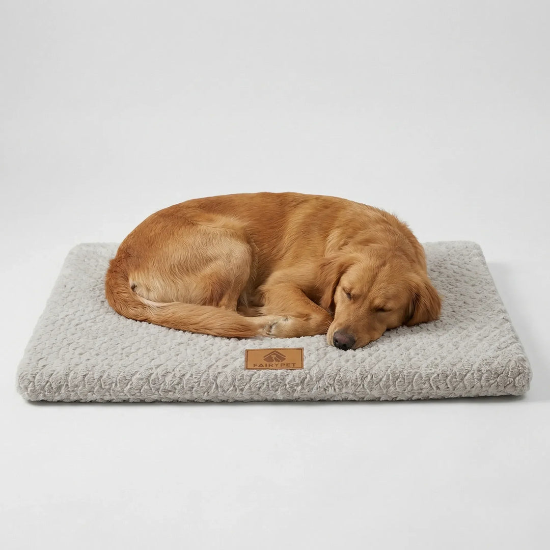 Golden retriever relaxing on a light gray supportive flat dog bed mat