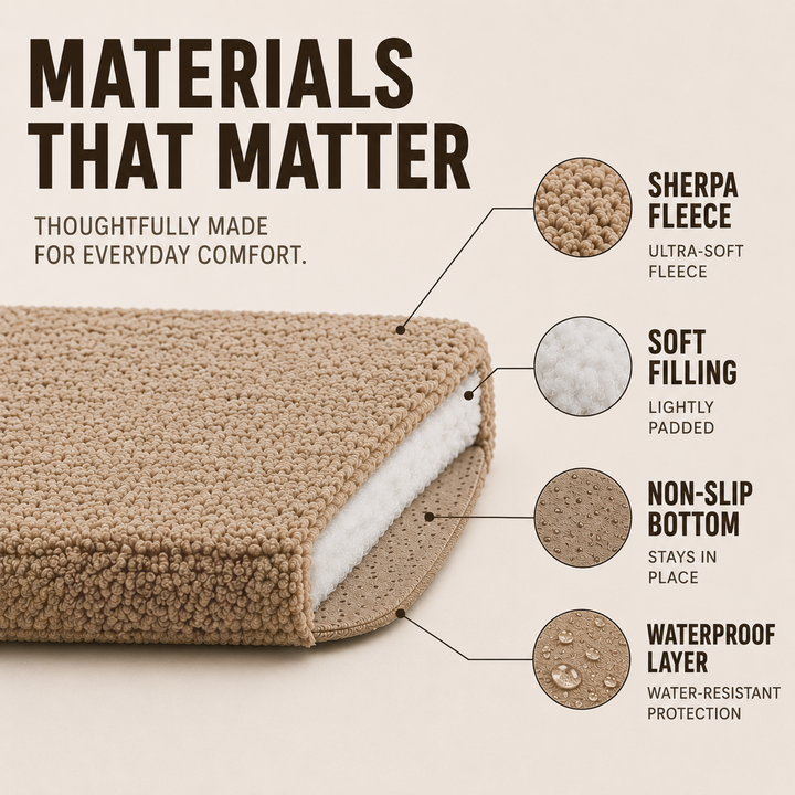 Gray orthopedic dog bed placed on living room floor for pet comfort