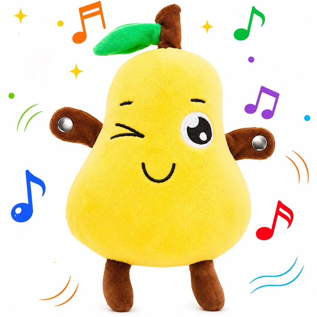 Happy toddler interacting with the musical sensory plush toy during playtime