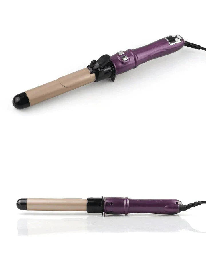 Purple cordless automatic hair curler shown from multiple angles