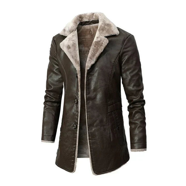 Brown men's mid-length winter coat with plush collar