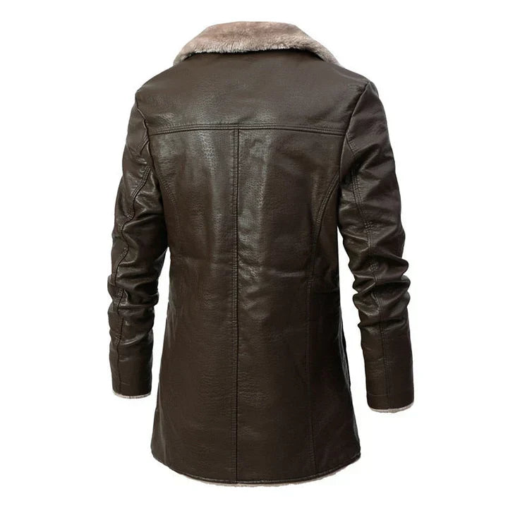 Mens warm mid-length winter coat with fur collar and button down design in mens fashion outerwear