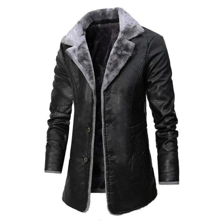 Black men's mid-length winter coat with notch lapel