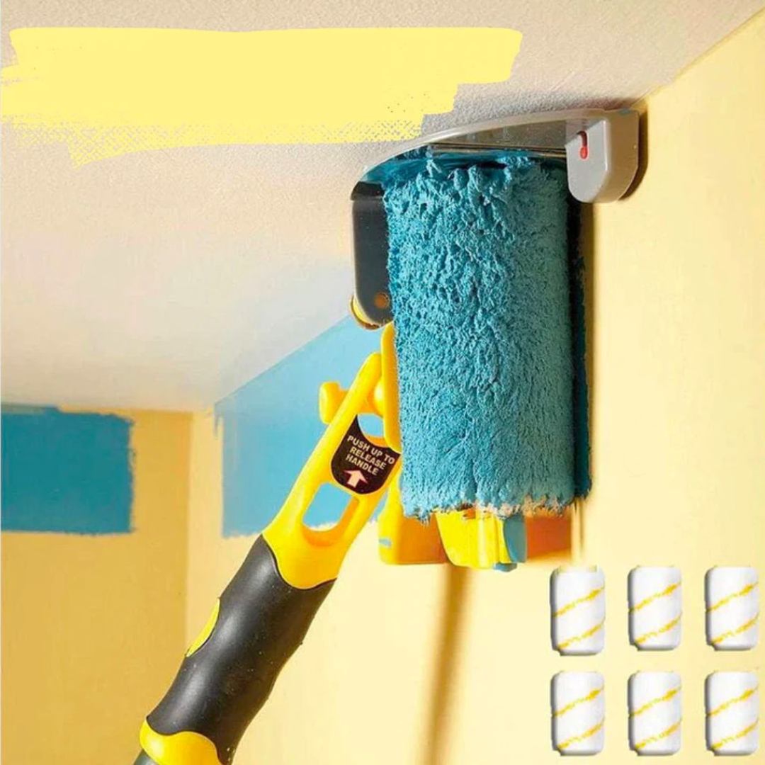 Precision paint edger tool applying blue paint near a ceiling edge