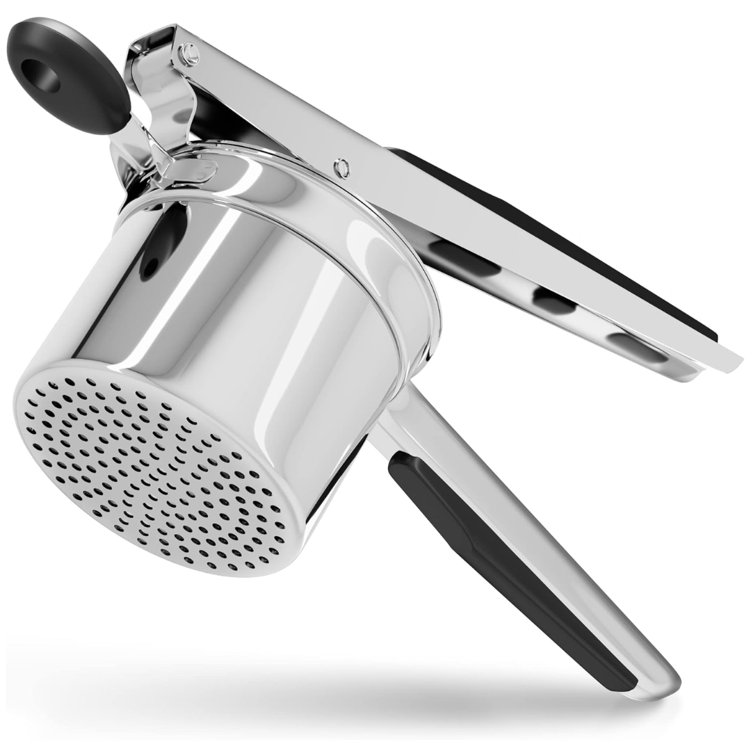 Stainless steel potato masher with black handle on white background