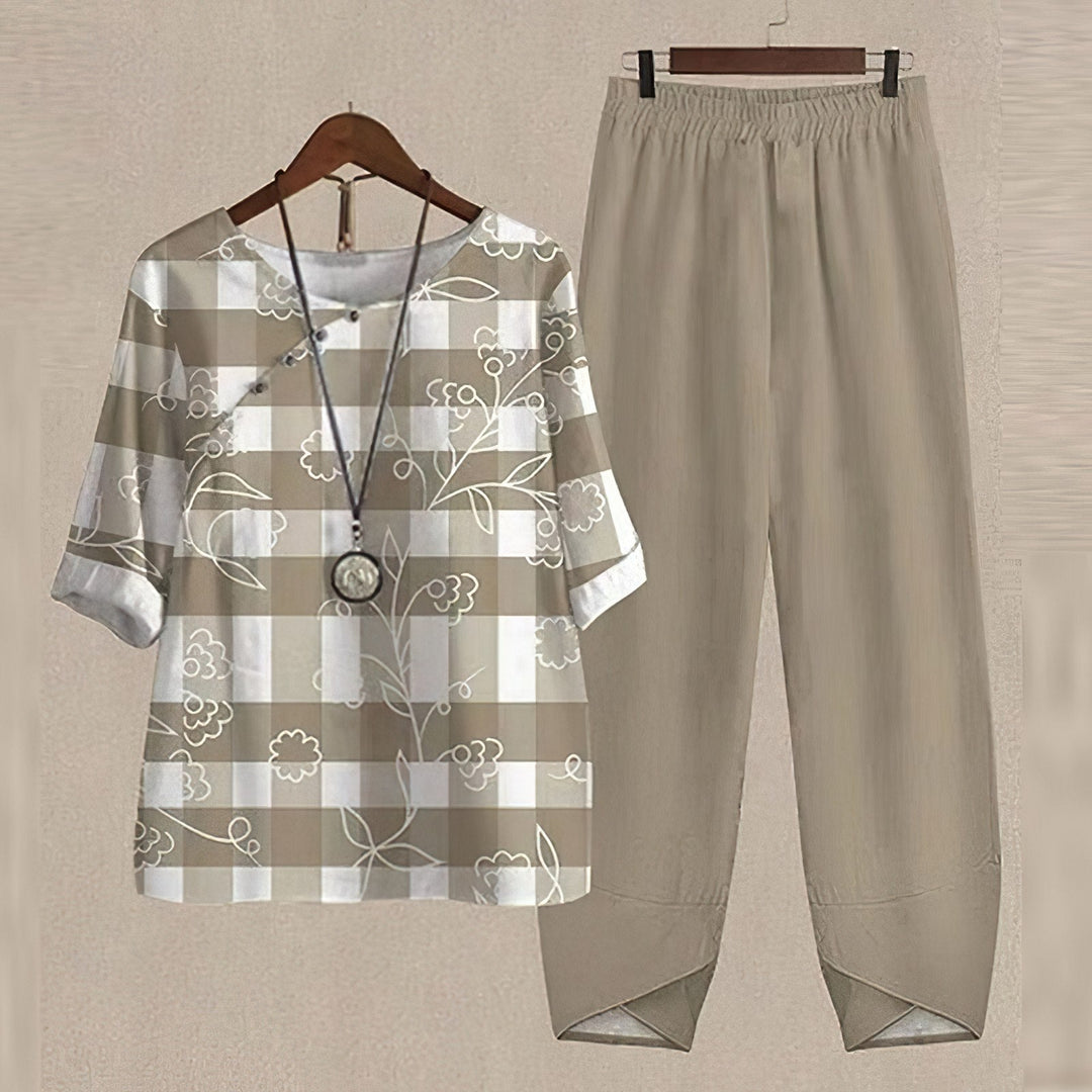 Women's khaki and white checkered floral two piece set on hanger