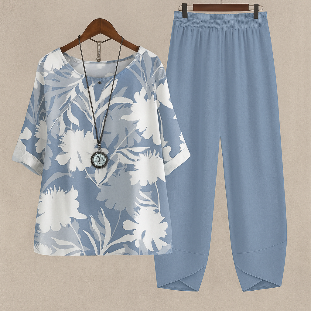 Close-up of the chic floral outfit showcasing the lightweight summer clothing fabric