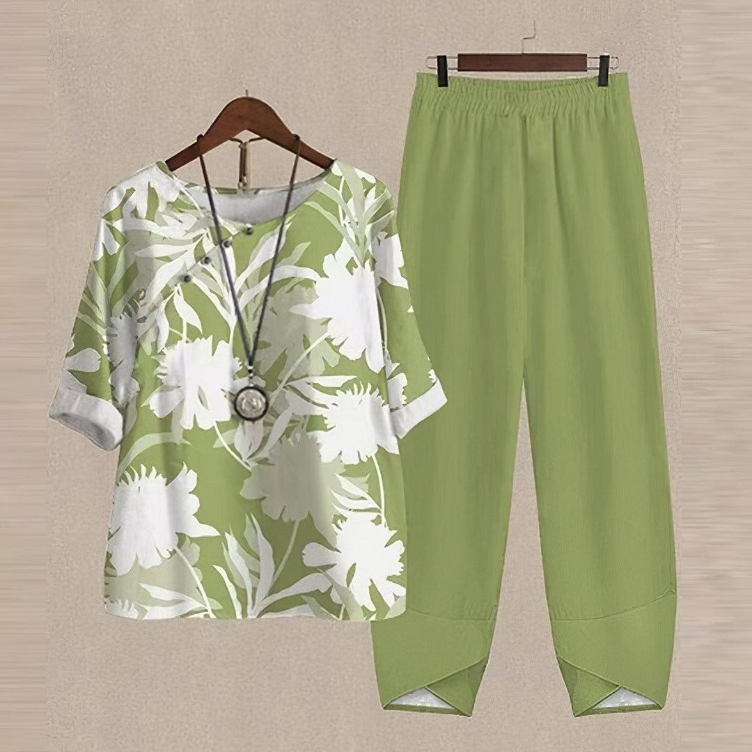 Full view of the elegant floral two piece set designed for comfortable summer wear