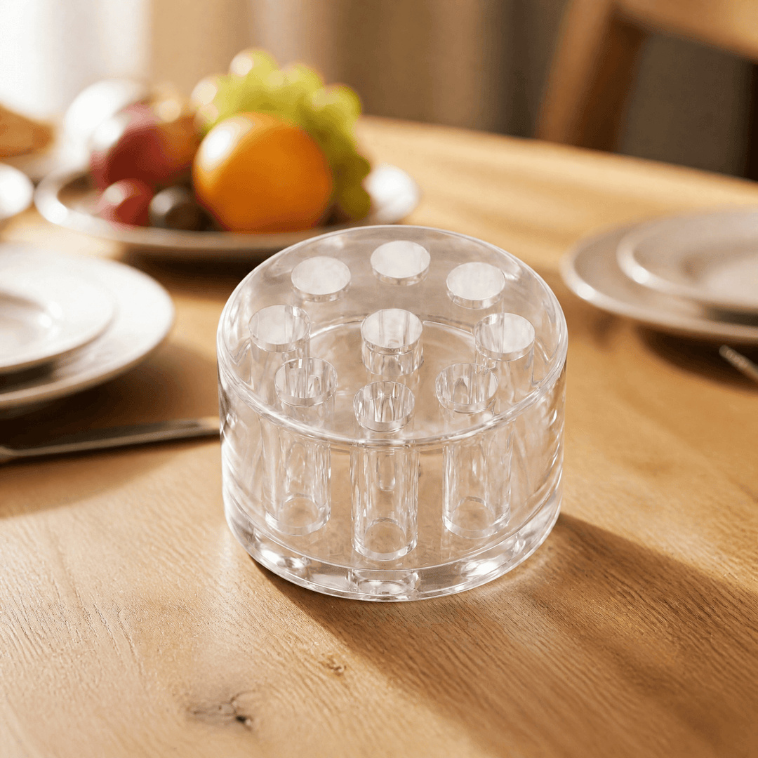Close-up of floral accessories and bouquet holder creating spiral stem grid