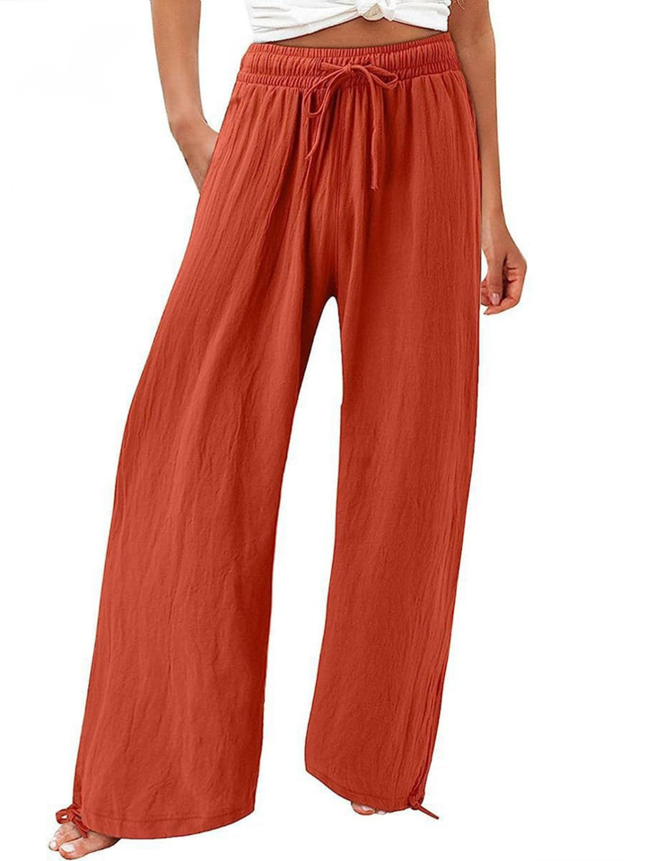 Back view of summer beach style wide leg linen pants
